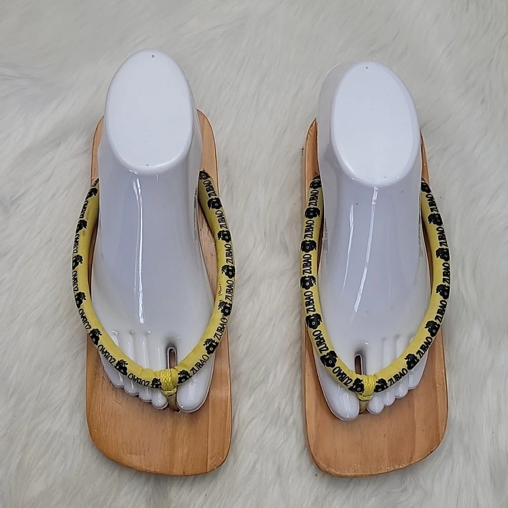ZUBAO Geisha Japanese Style Wood Open Toe Slip On Yellow Thong Flip Flop Sandals